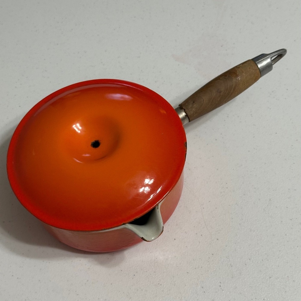 Vintage MCM Flame Orange Enamel Cast‎ Iron Saucepan Pot with Wooden Handle & Lid